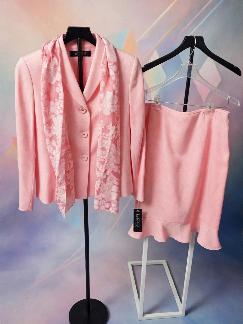 NWT Kasper 2-Piece Skirt Suit 8P Petal Pink — 80s Style Power Suit w/ Scarf